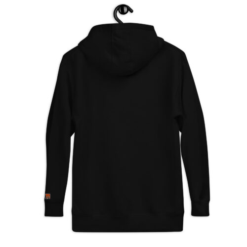 Rückseite Hoodie mit Shins Logo auf linkem Ärmel in der Farbe black