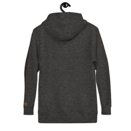Rückseite Hoodie mit Shins Logo auf linkem Ärmel in der Farbe charcoal