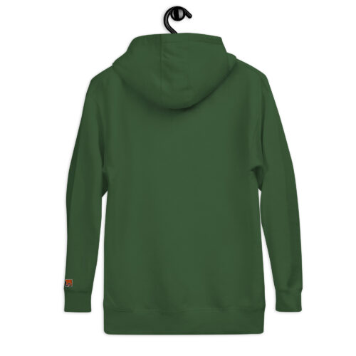 Rückseite Hoodie mit Shins Logo auf linkem Ärmel in der Farbe forest green