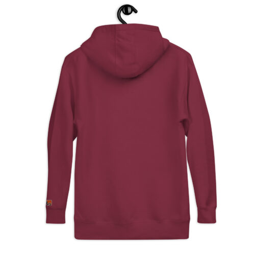 Rückseite Hoodie mit Shins Logo auf linkem Ärmel in der Farbe burgundy