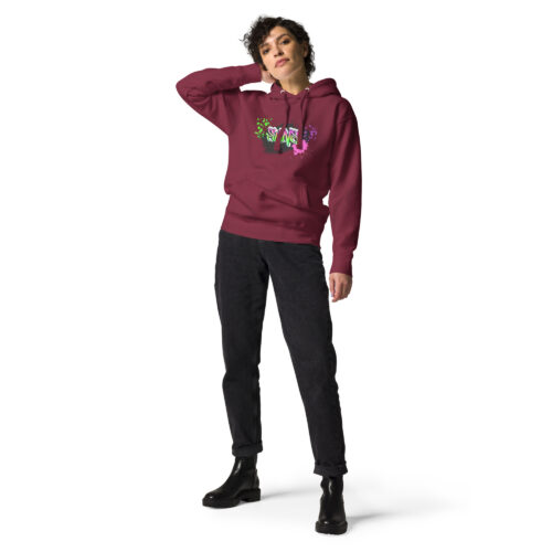 Female Person Full-Front Hoodie mit Shins-Graffity in der Farbe burgundy