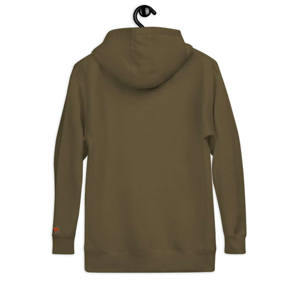 Rückseite Hoodie mit Shins Logo auf linkem Ärmel in der Farbe military green