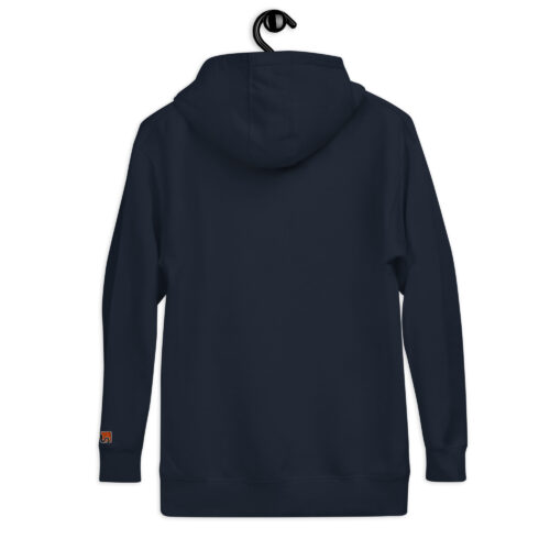 Rückseite Hoodie mit Shins Logo auf linkem Ärmel in der Farbe navy