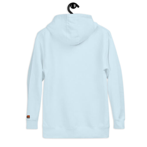 Rückseite Hoodie mit Shins Logo auf linkem Ärmel in der Farbe sky blue