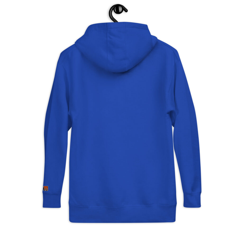 Rückseite Hoodie mit Shins Logo auf linkem Ärmel in der Farbe royal blue