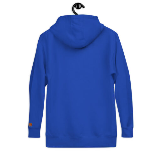 Rückseite Hoodie mit Shins Logo auf linkem Ärmel in der Farbe royal blue