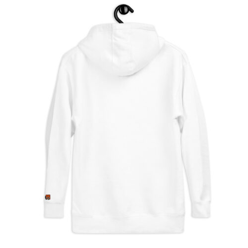 Rückseite Hoodie mit Shins Logo auf linkem Ärmel in der Farbe weiss